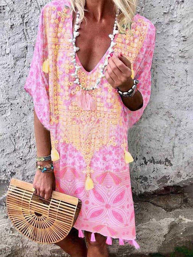 Boho Vintage Tribal Print V-Neck Tassel Loose Midi Dress