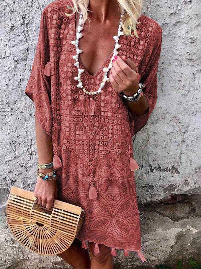 Boho Vintage Tribal Print V-Neck Tassel Loose Midi Dress