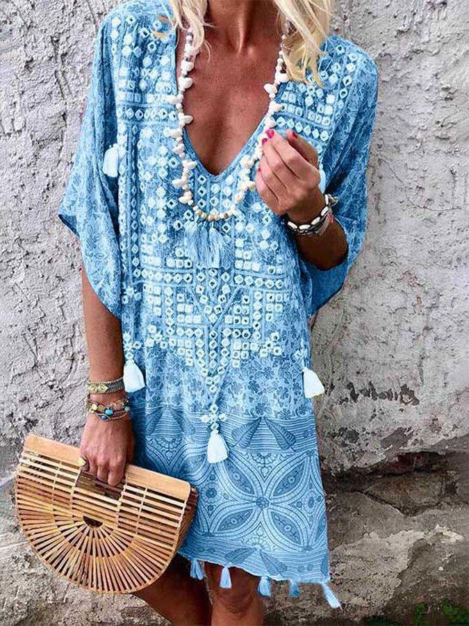 Boho Vintage Tribal Print V-Neck Tassel Loose Midi Dress