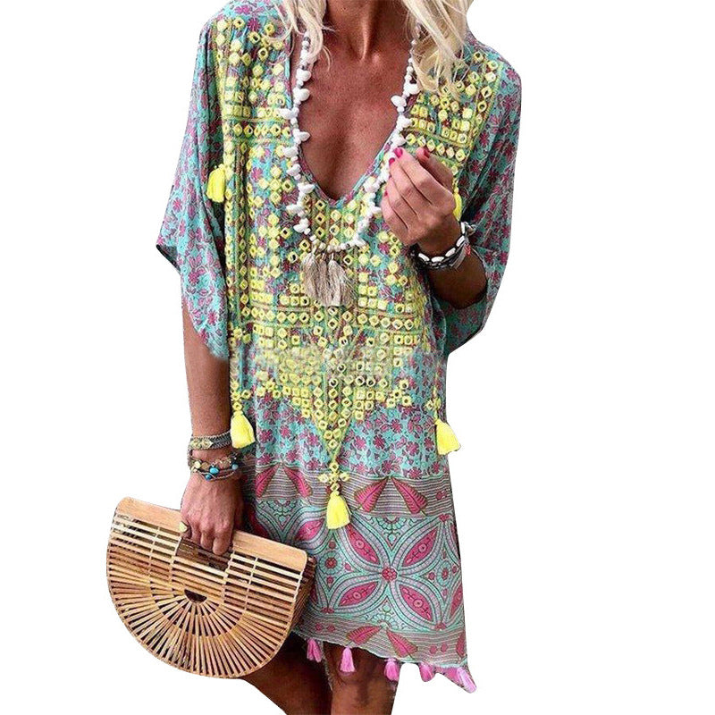 Boho Vintage Tribal Print V-Neck Tassel Loose Midi Dress
