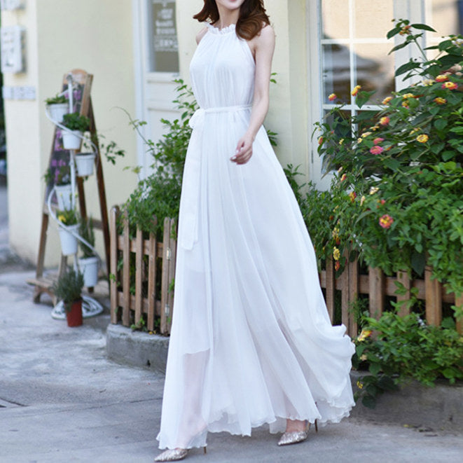 Halter Neck Ruffle Chiffon Maxi Dress | 9 Colors Available Tie Waist Evening Gown