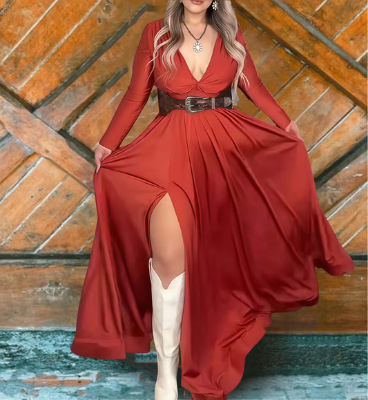 Deep V-Neck Long Sleeve Slit Maxi Dress