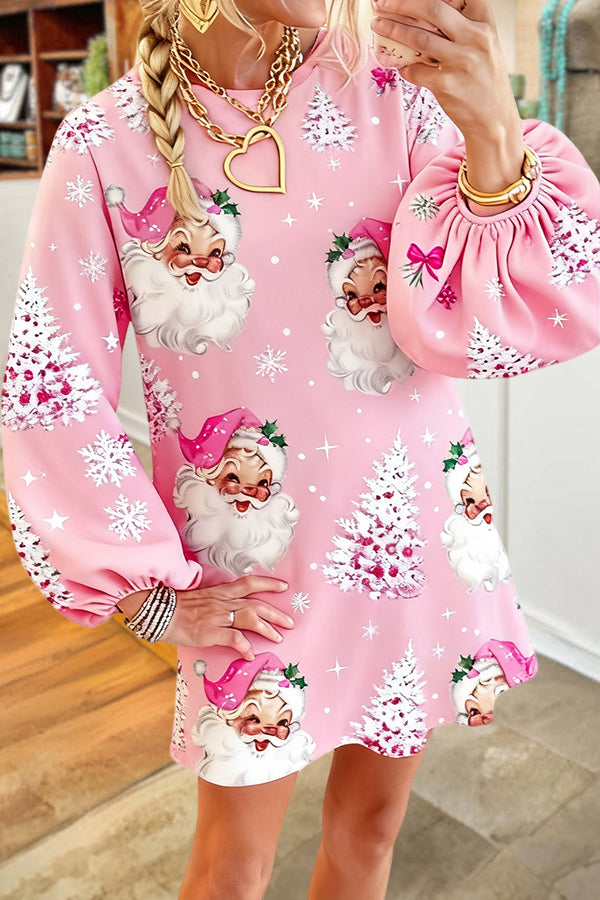 Pink Santa Puff Sleeve Mini Dress