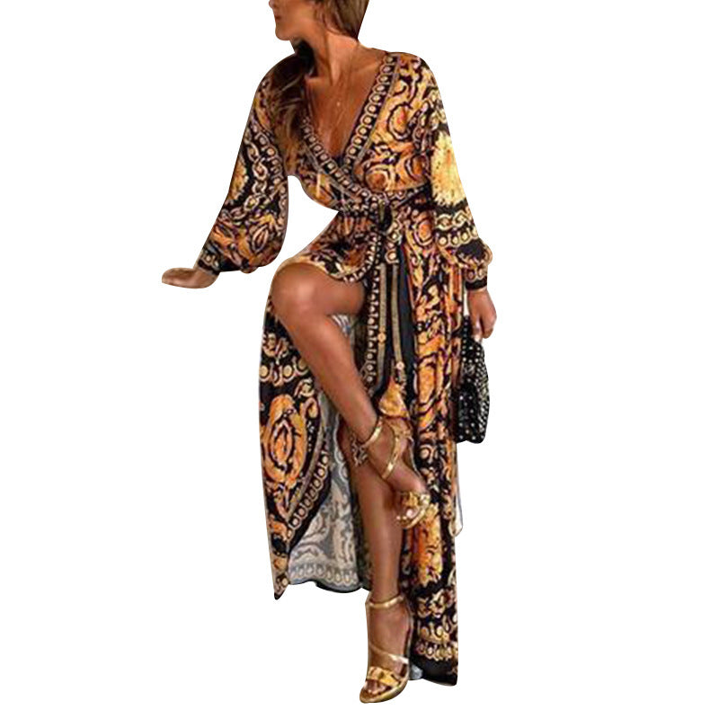 Boho Vintage Print V Neck Tie Waist Slit Maxi Dress