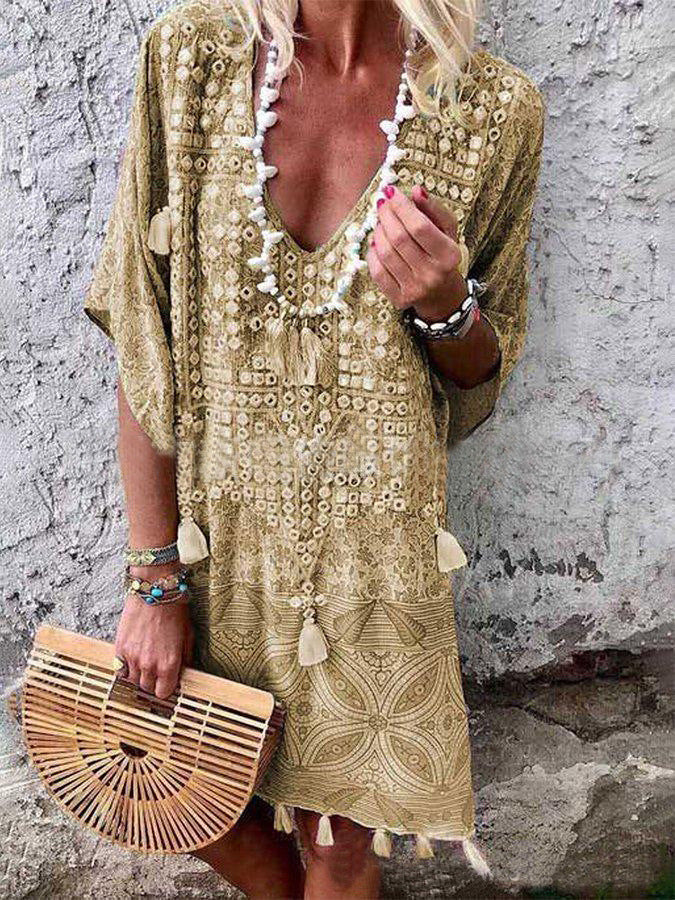 Boho Vintage Tribal Print V-Neck Tassel Loose Midi Dress