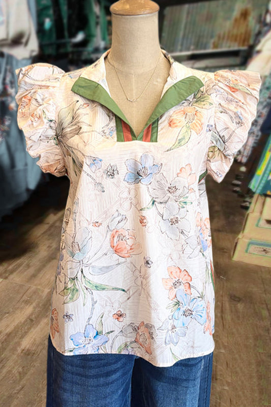 Chic Floral Print Ruffle Sleeve Top