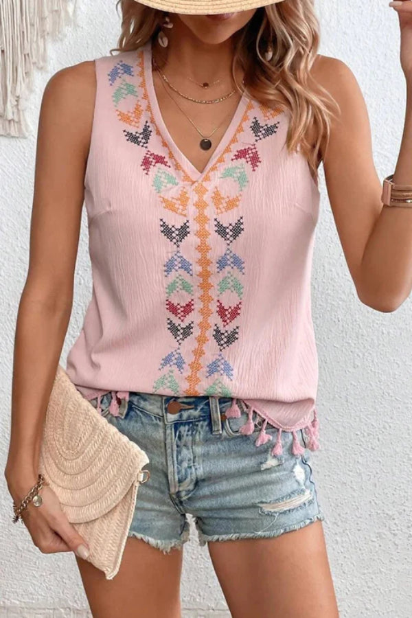 JUST BE YOU BOHO EMBROIDERED TASSEL SLEEVELESS TOP - 4 COLORS