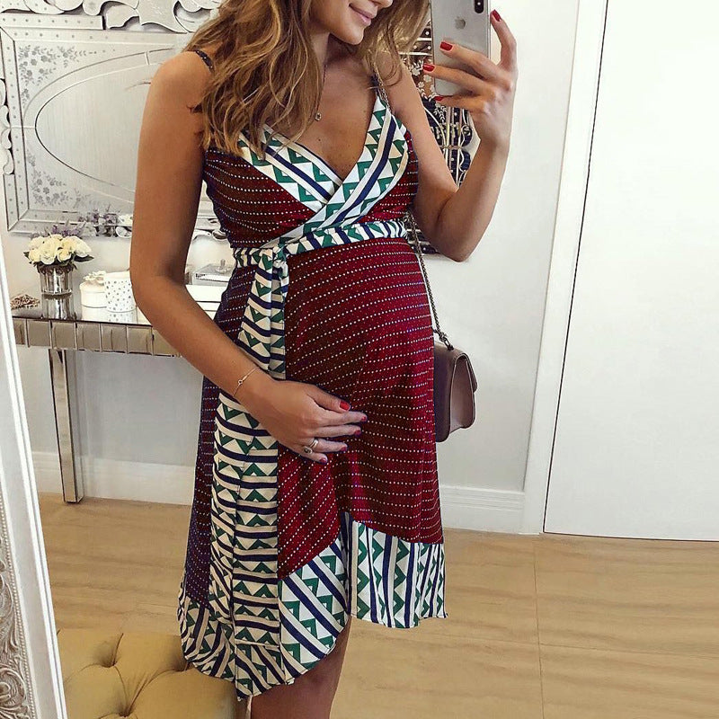Boho Geometric Print V-Neck Tie Waist Maternity Cami Dress