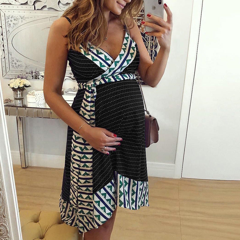 Boho Geometric Print V-Neck Tie Waist Maternity Cami Dress