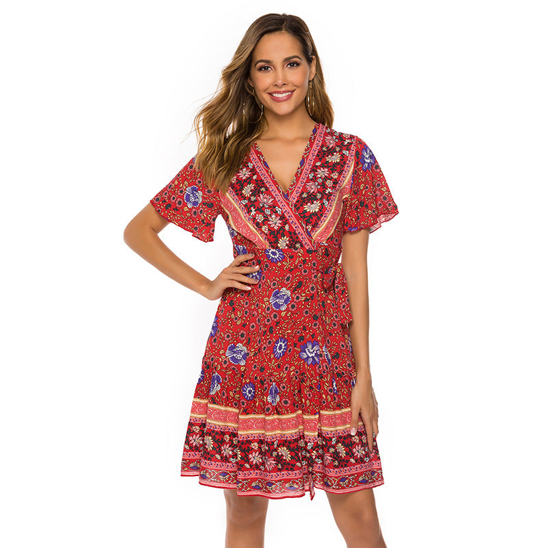 Boho Floral Print V-Neck Wrap Tie Waist Short Sleeve Mini Dress