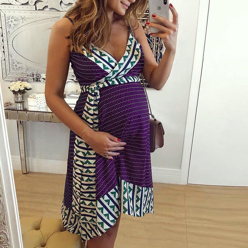 Boho Geometric Print V-Neck Tie Waist Maternity Cami Dress