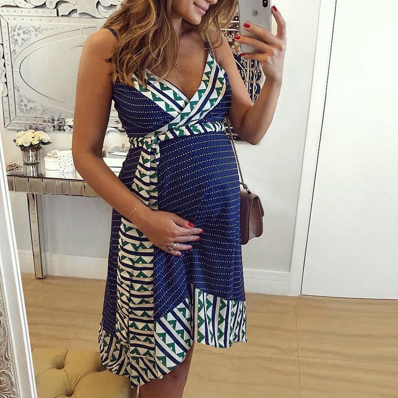 Boho Geometric Print V-Neck Tie Waist Maternity Cami Dress