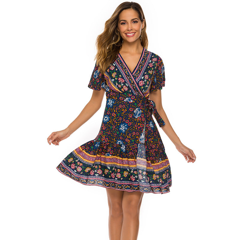 Boho Floral Print V-Neck Wrap Tie Waist Short Sleeve Mini Dress