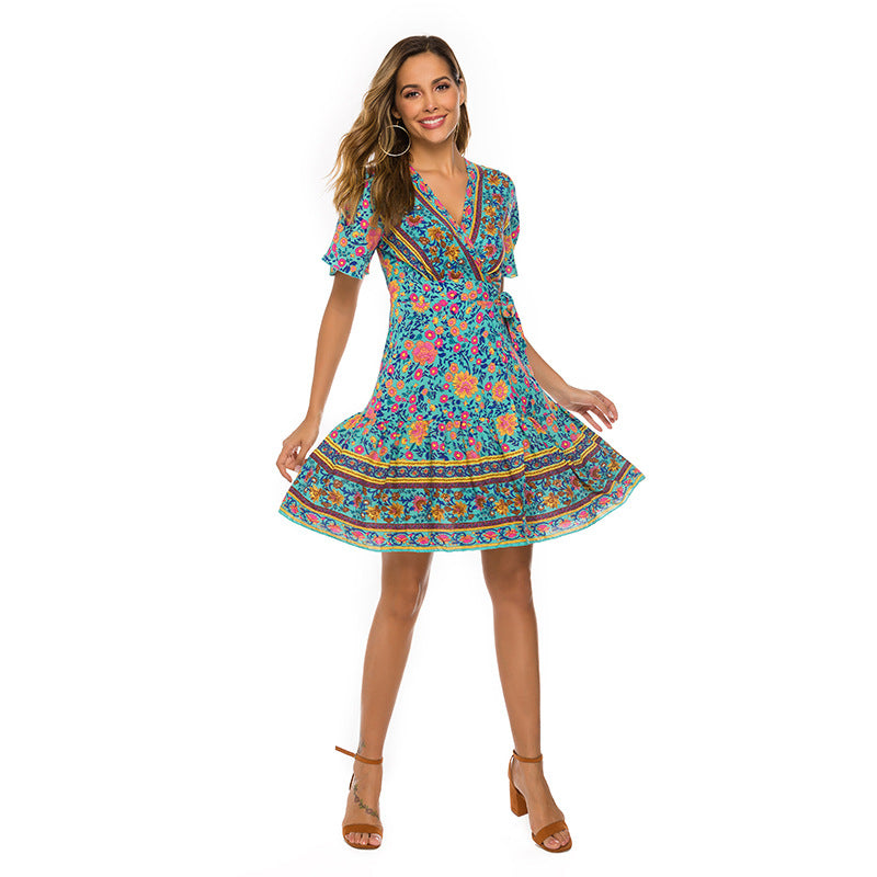 Boho Floral Print V-Neck Wrap Tie Waist Short Sleeve Mini Dress