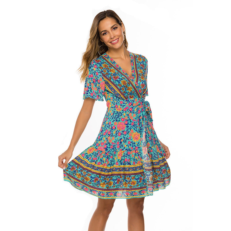 Boho Floral Print V-Neck Wrap Tie Waist Short Sleeve Mini Dress