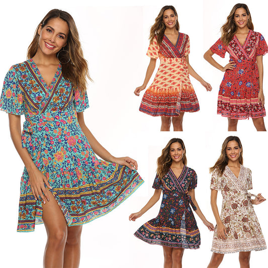 Boho Floral Print V-Neck Wrap Tie Waist Short Sleeve Mini Dress