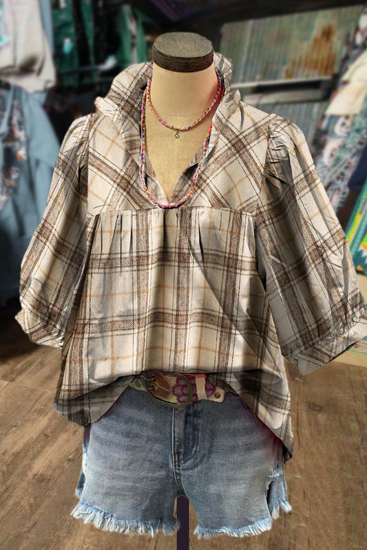 Casual Plaid Print Ruffle V-Neck Bubble Sleeve Top