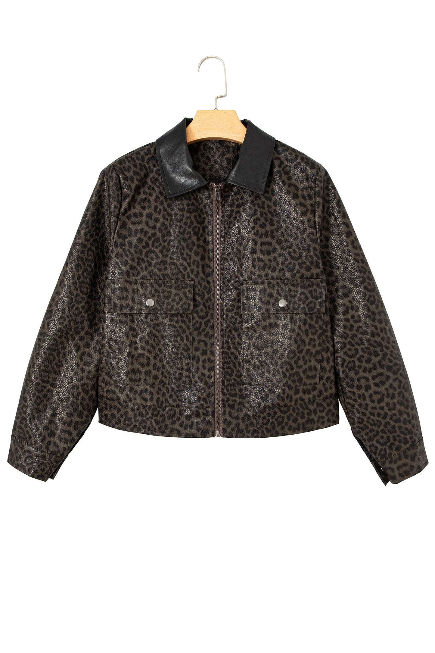 Multicolour Leopard Print Colorblock Collar Metal Placket Jacket
