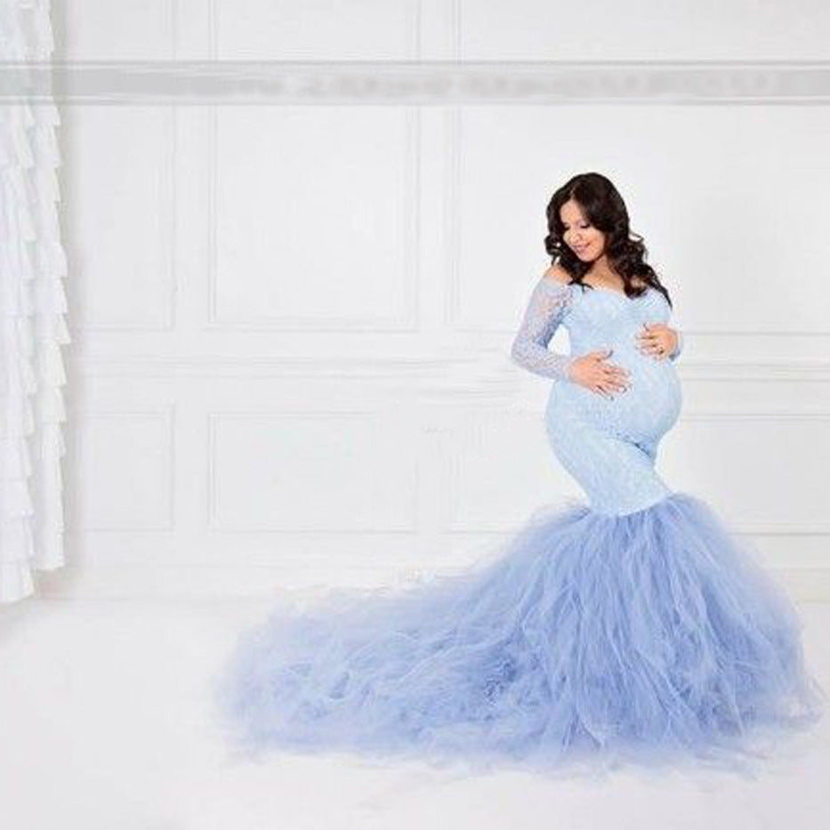Boho Off Shoulder Lace Tulle Mermaid Train Maternity Photoshoot Gown