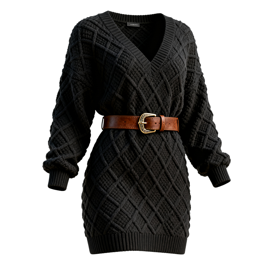 Women's Vintage Black Cable Knit Sweater Dress