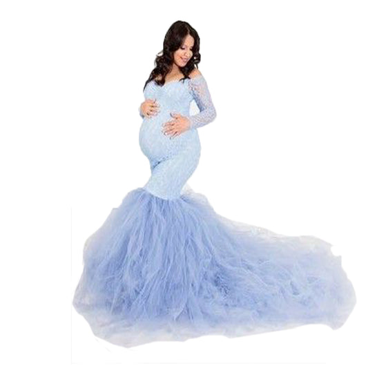 Boho Off Shoulder Lace Tulle Mermaid Train Maternity Photoshoot Gown
