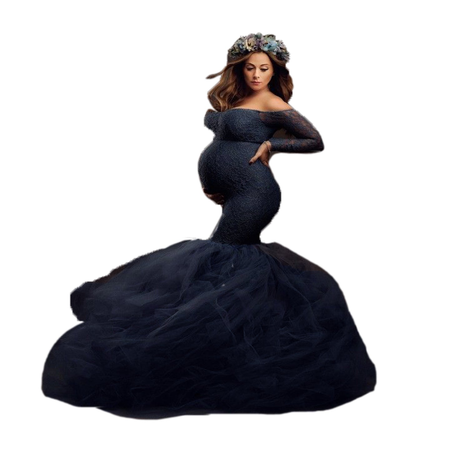 Boho Off Shoulder Lace Tulle Mermaid Train Maternity Photoshoot Gown