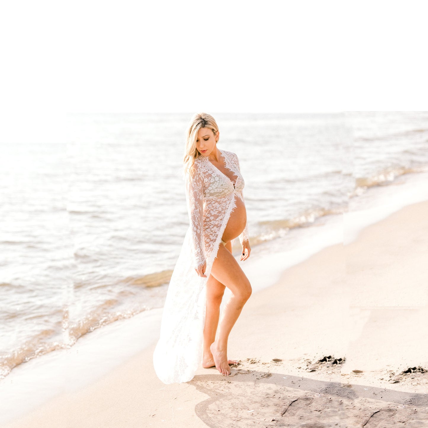 Maternity Photo Shoot Lace Sheer Open Front Maxi Robe