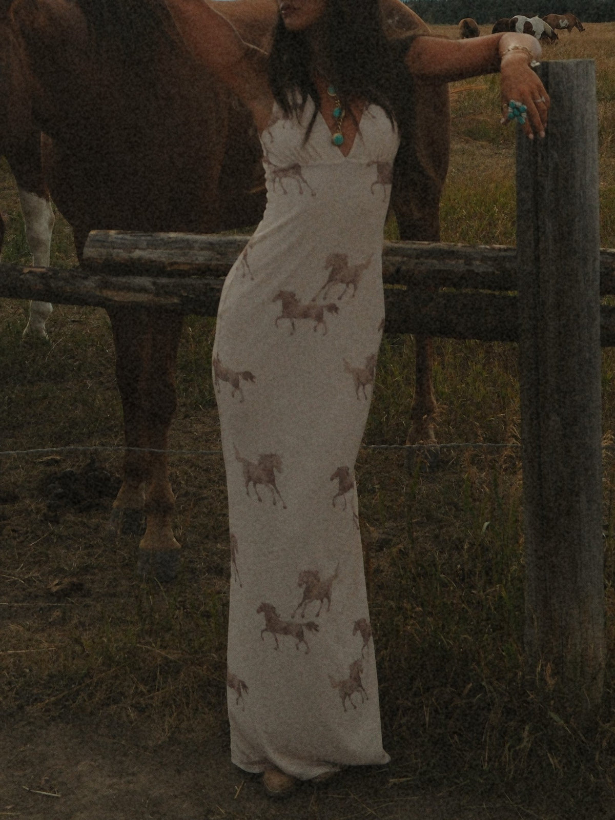 Cream Horse Print V-Neck Maxi Dress