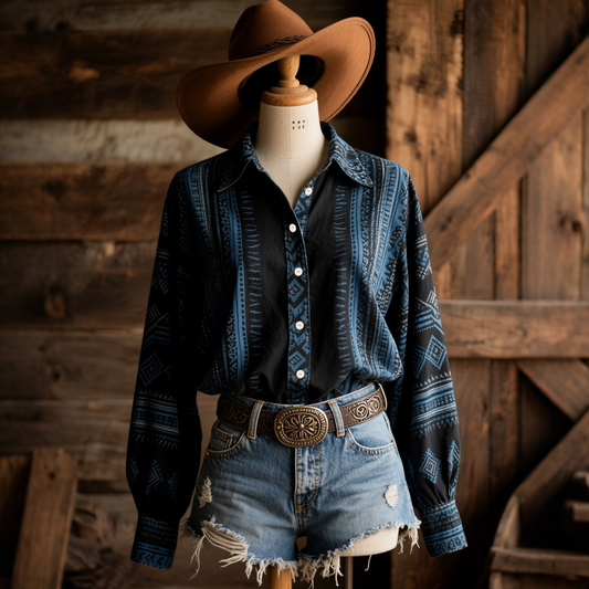 Women's Retro Western Geometric Art Long Sleeve Shirt