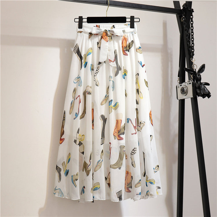 Multi-Color Printed Chiffon High Waist Tie Waist Flowy Maxi Skirt | Vacation Style Elegant A-Line Skirt