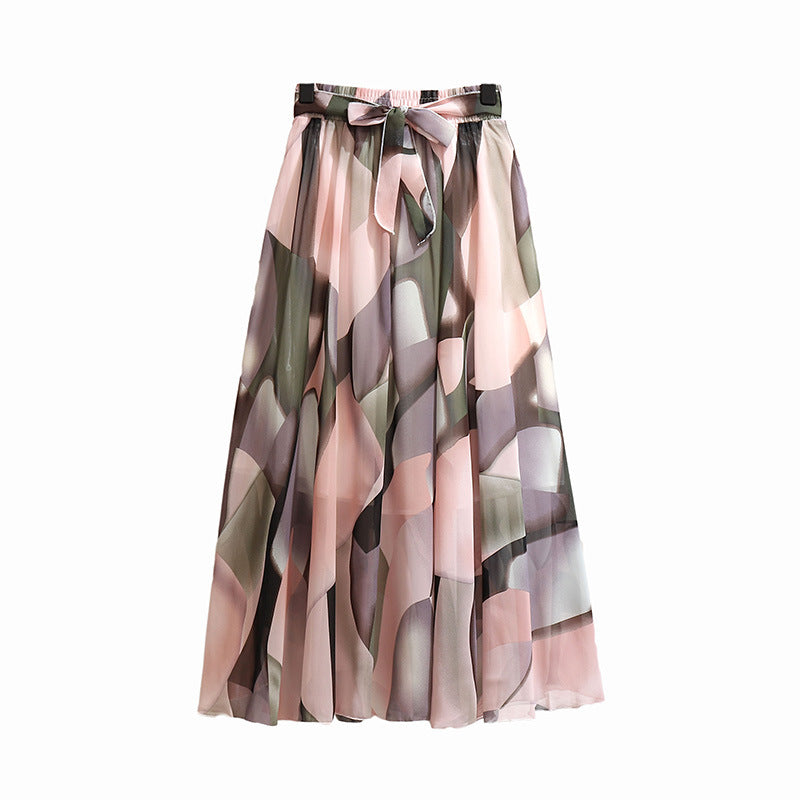 Multi-Color Printed Chiffon High Waist Tie Waist Flowy Maxi Skirt | Vacation Style Elegant A-Line Skirt