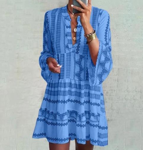 Boho Geometric Print V-Neck Flare Sleeve Loose Babydoll Dress