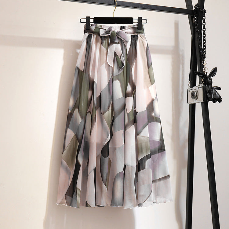 Multi-Color Printed Chiffon High Waist Tie Waist Flowy Maxi Skirt | Vacation Style Elegant A-Line Skirt