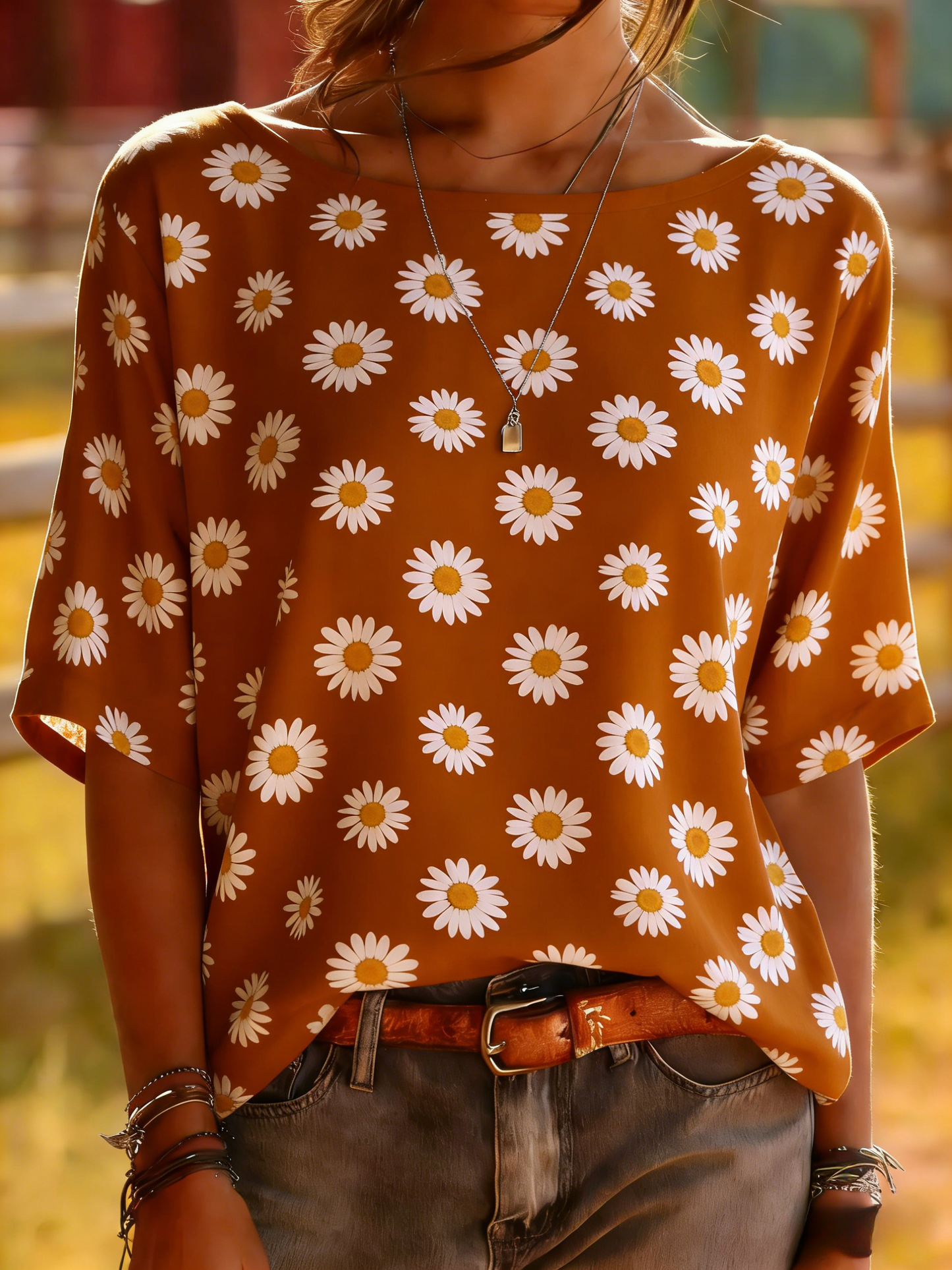 Caramel Daisy Print Top - Retro Floral Short Sleeve Tee