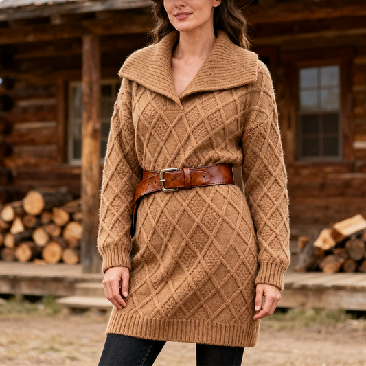 Women's Vintage Cozy Camel Cable Knit Sweater Dress