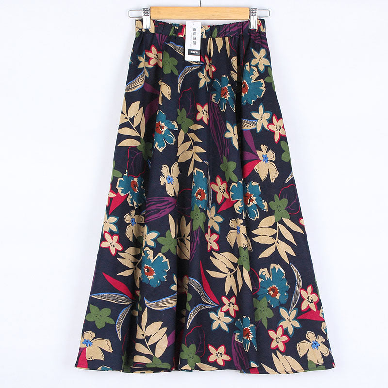 Cotton and linen printed maxi skirt | Retro ethnic style elastic waist midi skirt