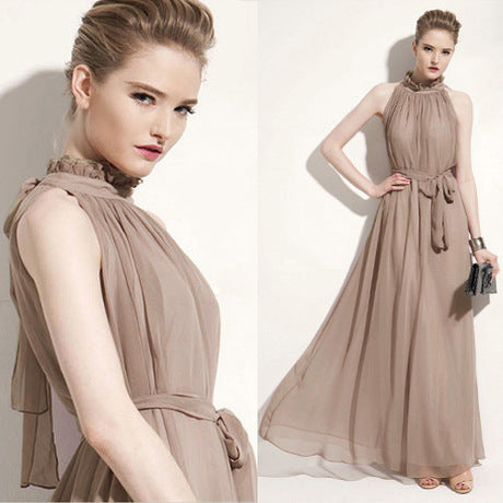 Halter Neck Ruffle Chiffon Maxi Dress | 9 Colors Available Tie Waist Evening Gown