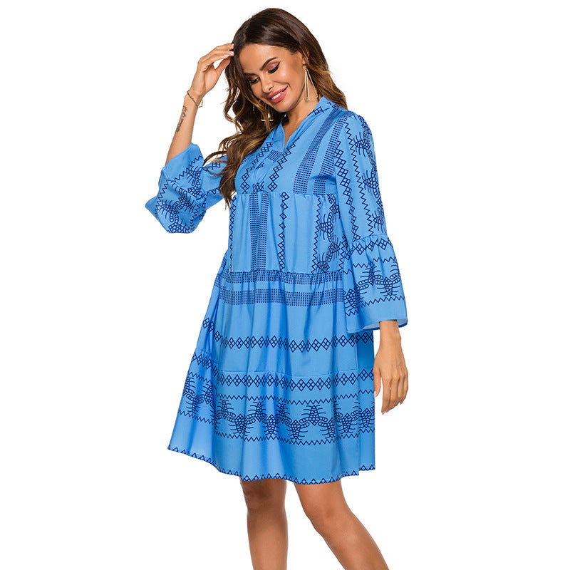 Boho Geometric Print V-Neck Flare Sleeve Loose Babydoll Dress