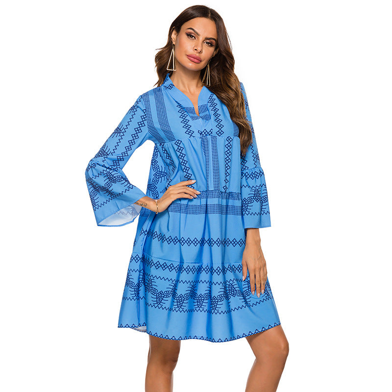 Boho Geometric Print V-Neck Flare Sleeve Loose Babydoll Dress