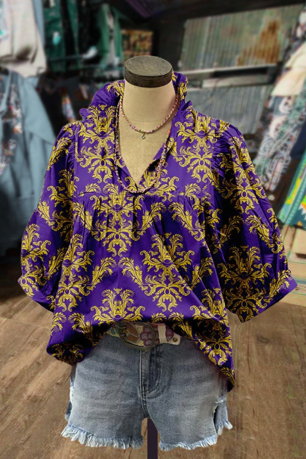 Vintage Floral Print Puff Sleeve Top