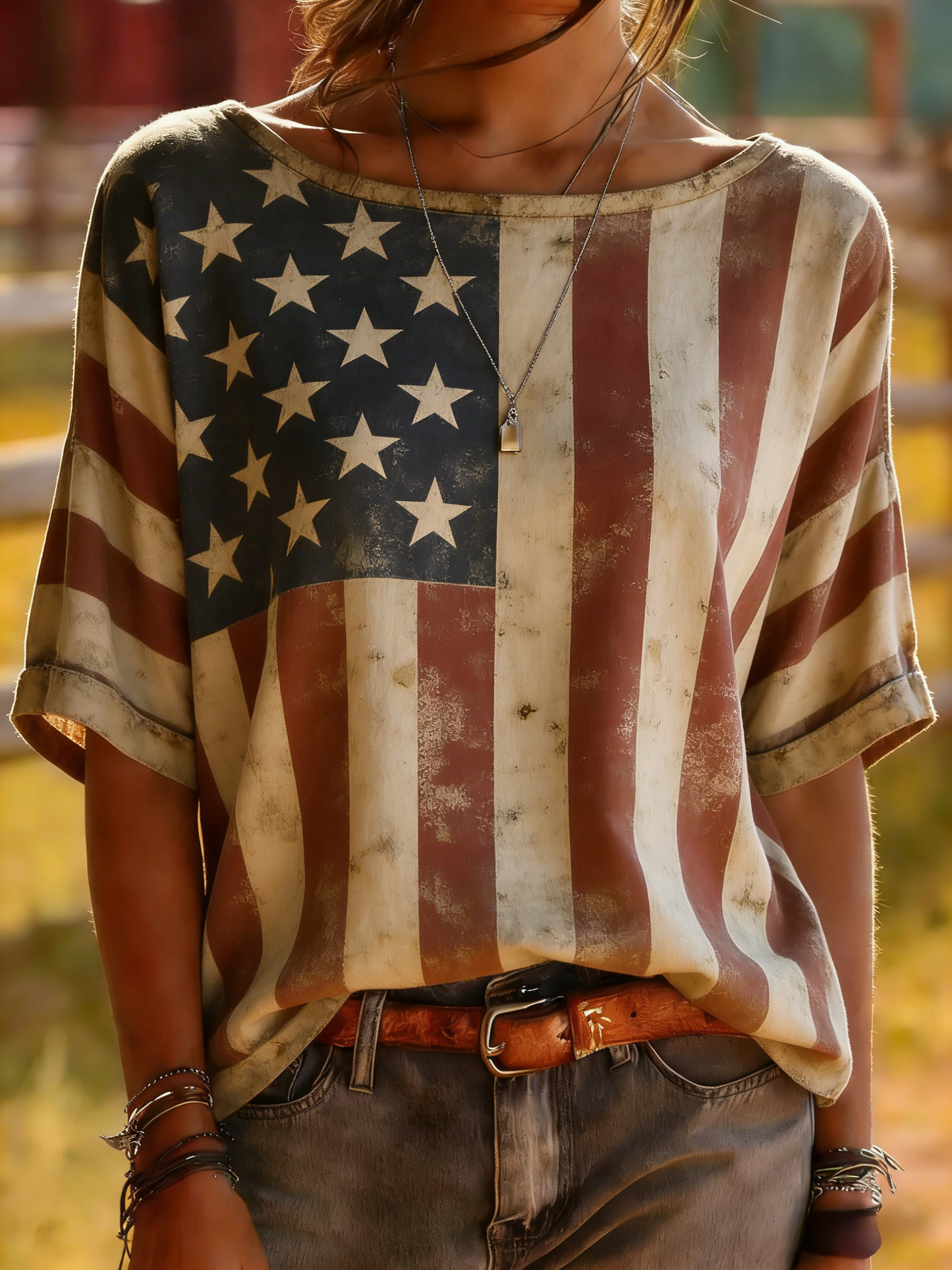 Vintage American Flag Print Top - Distressed Stars & Stripes Tee