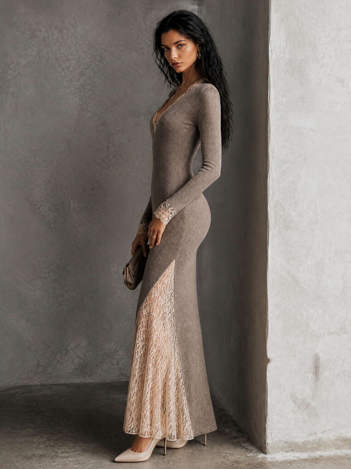 Women's Lace Panel Elegant Knit Maxi Dress