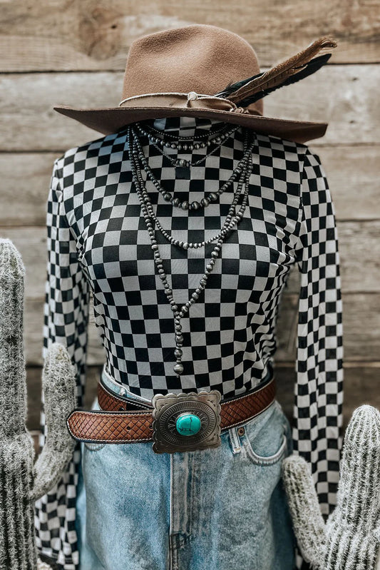 Checkerboard Pattern Round Neck Long Sleeve T-shirt