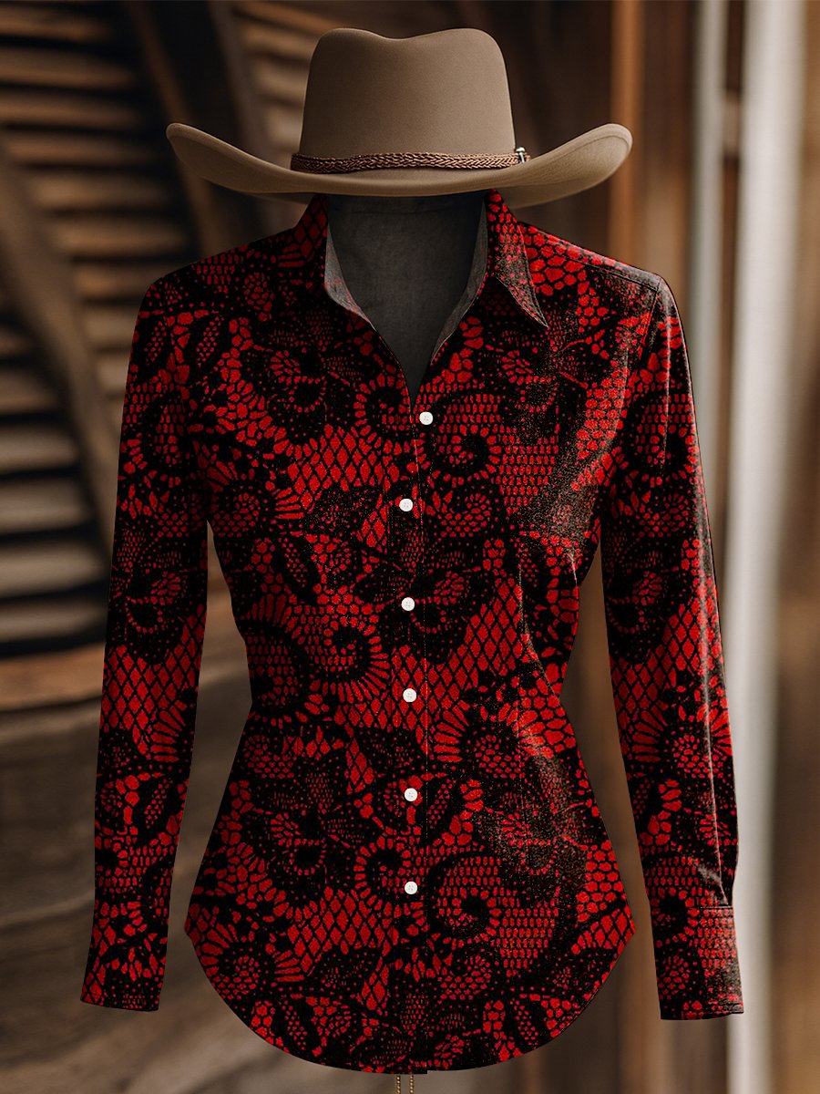 Women's Vintage Black and Pink Floral Print Western Long Sleeve Shirt