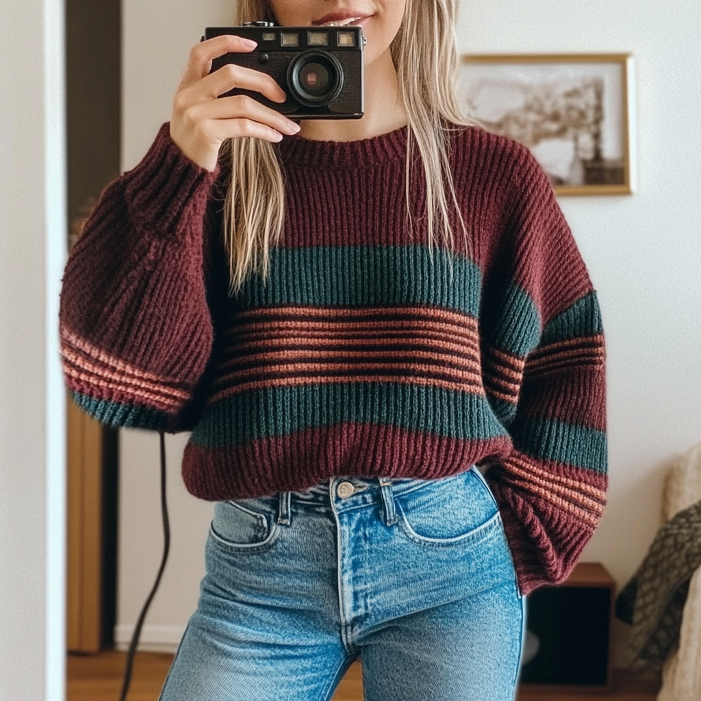 Women's Vintage Striped Ethnic Style Print Round Neck Oversized Sweatshirt