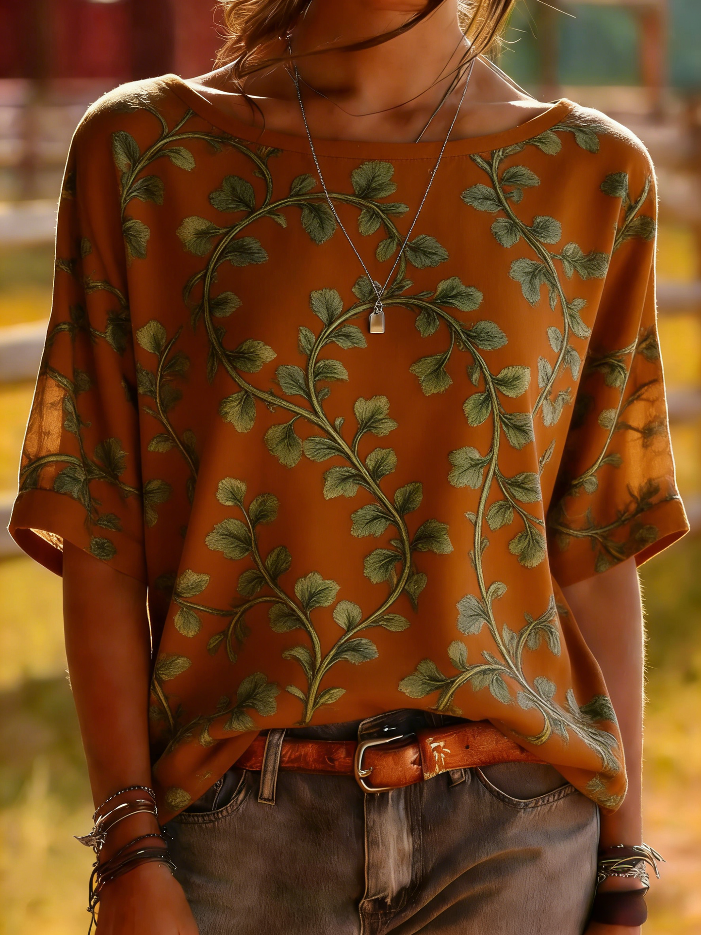 Caramel Ginkgo Leaf Print Top - Botanical Vine Pattern Tee