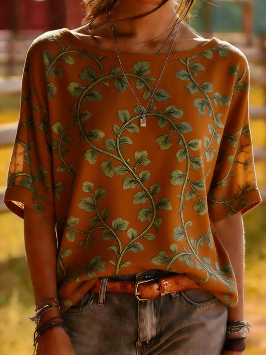 Caramel Ginkgo Leaf Print Top - Botanical Vine Pattern Tee