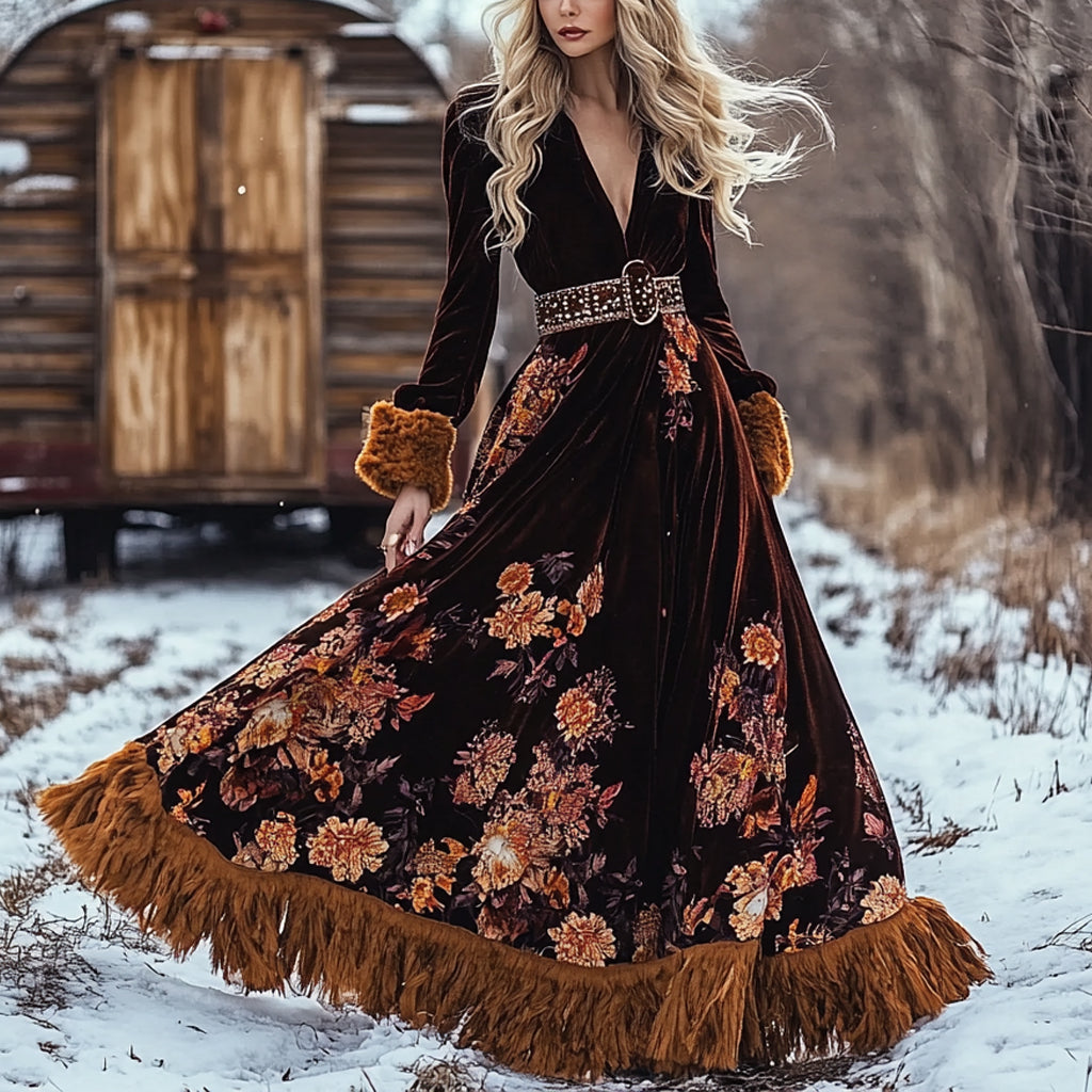 Western Velvet Vintage Ethnic Aztec Floral Flower Print Plush Warm Autumn And Winter Dress