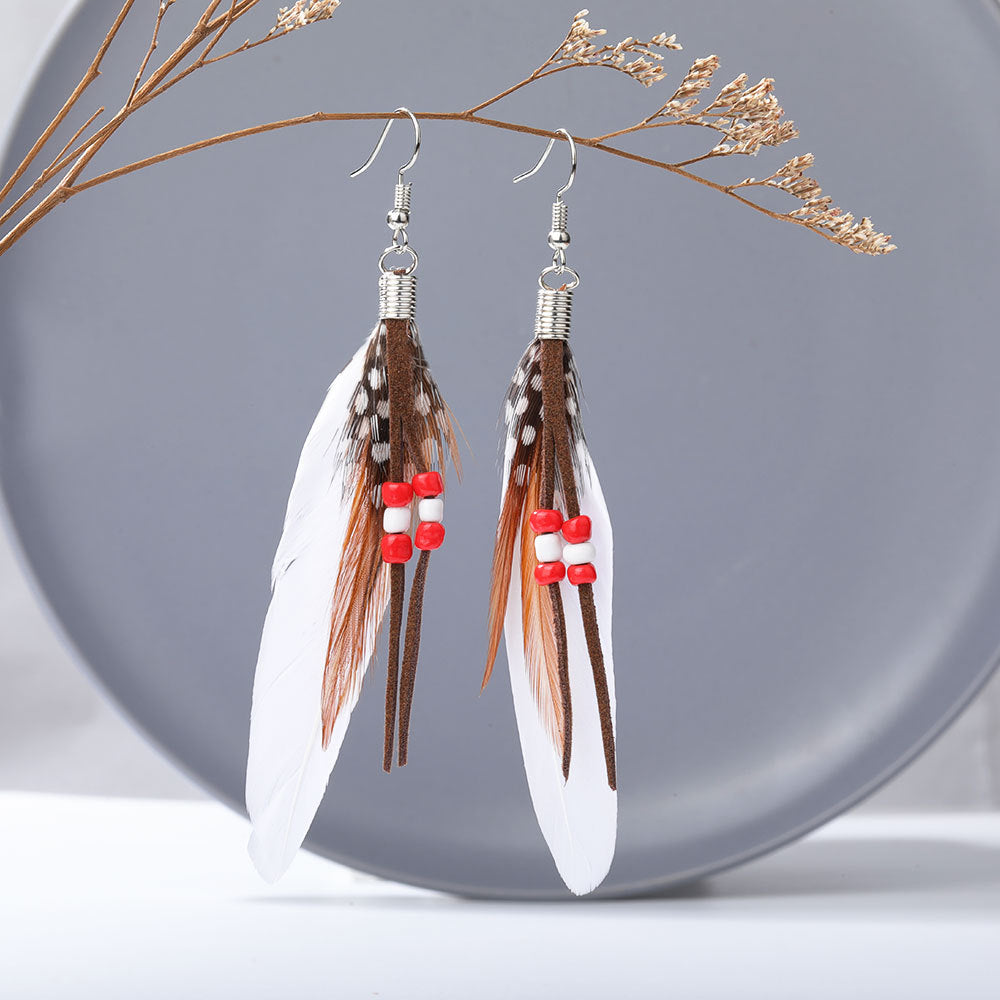 Boho Colorful Feather Beaded Tassel Earrings | Ethnic Style Unique Design Earrings
