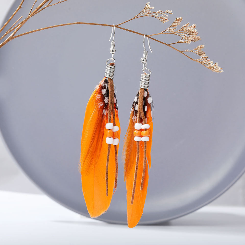 Boho Colorful Feather Beaded Tassel Earrings | Ethnic Style Unique Design Earrings